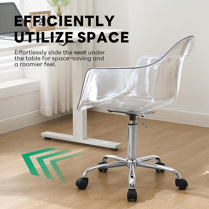 Lessmore Clear Desk Chair, Adjustable Acrylic Home Office Chair with Wheels, Swivel Vanity Rolling Chair Swivel Task Chair for Office, Home, Make Up, Small Space, Bed Room(Silver)