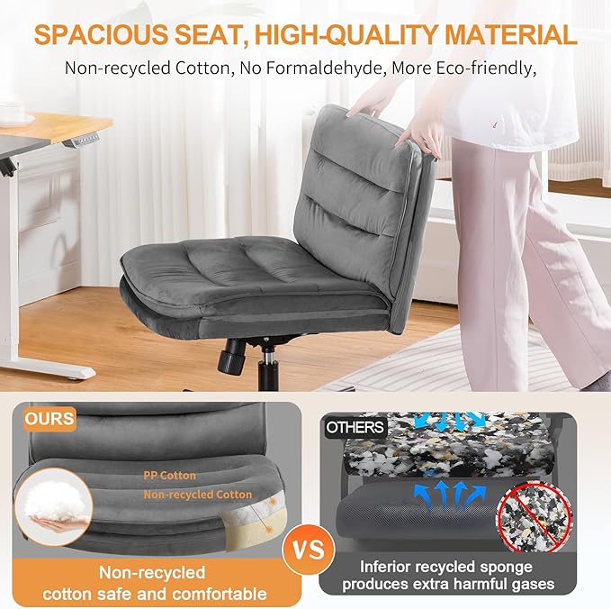 COMHOMA Cross Legged Office Chair with Wheels Armless-Office Desk Chair, Modern Vanity Computer Task Chairs for Home Bedroom, Comfortable Wide Seat for Lower Back Pain Relief, Soft Velvet, Gray