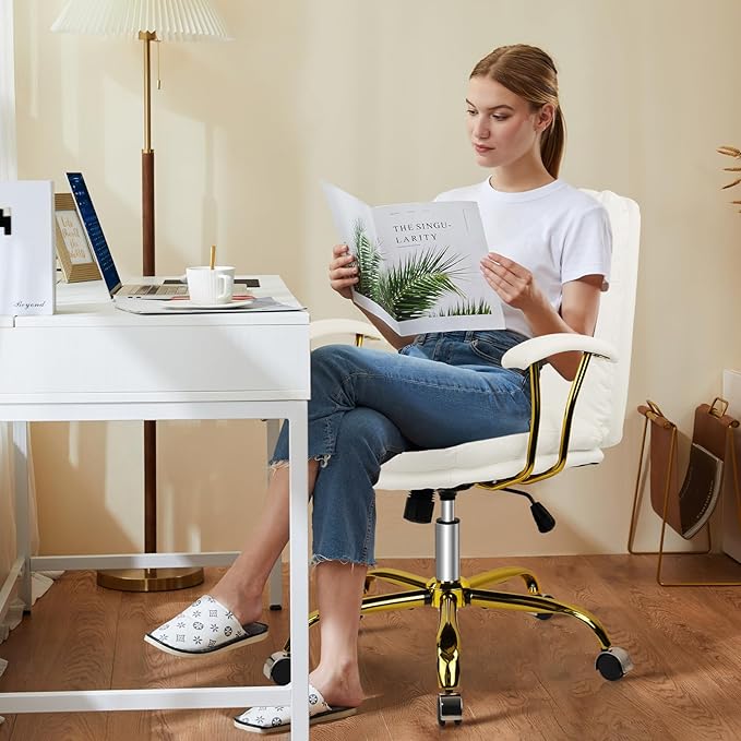 Leather Home Office Desk Chair, Mid-Back Vanity Chair Make Up Chair with Gold Wheels and Armrests, Rolling Swivel Computer Task Chair for Office Bedroom Living Room Girls Women, White, 4 Pack