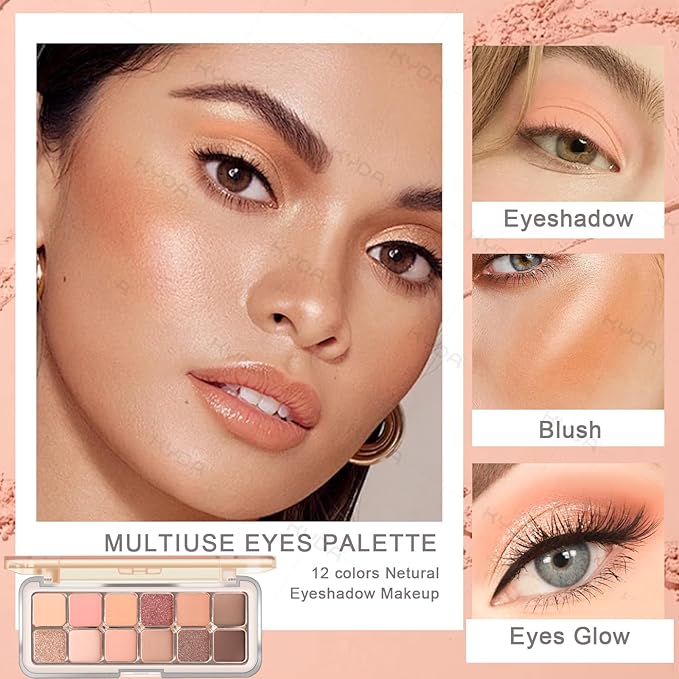 KYDA 12 Colors Peachy Cream Eyeshadow Palette with Brush, High Pigment Matte Shimmer Nude Eye Shadow, Netural Eyes Palette for Women, Soft Blendable Powder Eyeshadow, Korean Eyes Makeup
