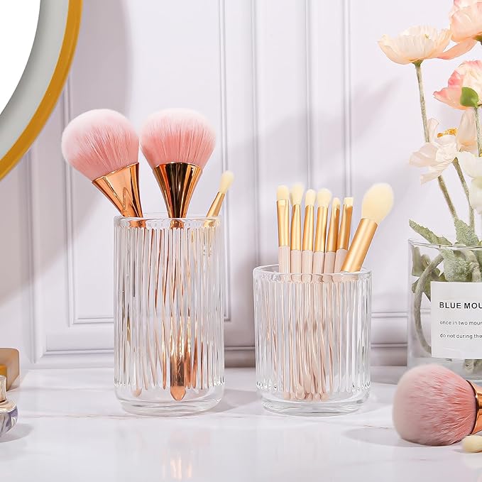 DASITON Makeup Brush Holder Organizer, Crystal Glass Makeup Brushes Storage Holder, Vintage Make Up Brush Cup for Vanity, Pen Pencil Holder for Desk, Toothbrush Holders for Bathroom (Clear S)