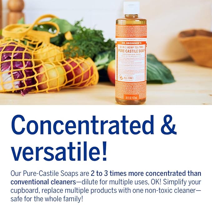 Dr. Bronner's - Pure-Castile Liquid Soap (Tea Tree, 16 ounce) - Made with Organic Oils, 18-in-1 Uses: Acne-Prone Skin, Dandruff, Laundry, Pets and Dishes, Concentrated, Vegan, Non-GMO