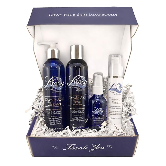 Luxiny Anti-Aging Skin Care Set for Women & Men – 4-Piece Kit with 10% Glycolic Acid Cleanser, Glycolic Acid Toner, Hyaluronic Acid Serum, and Vitamin C Moisturizer