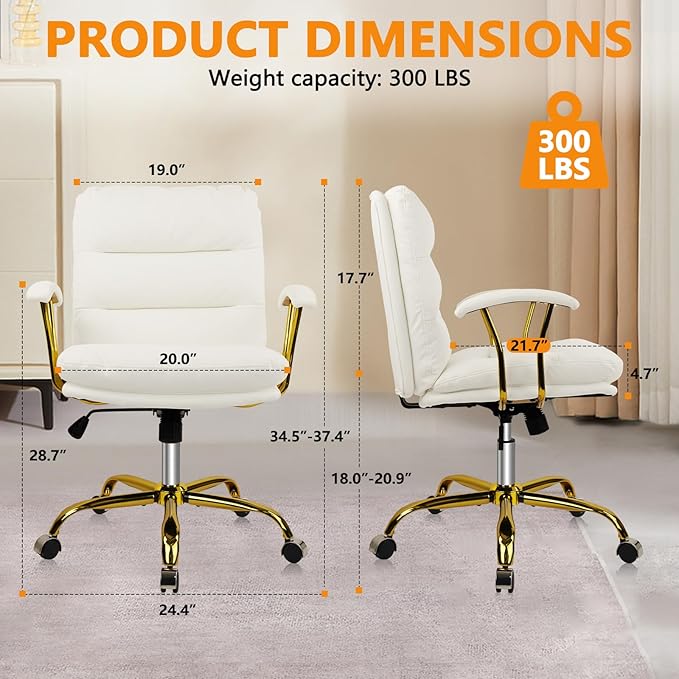 Leather Home Office Desk Chair, Mid-Back Vanity Chair Make Up Chair with Gold Wheels & Removable Armrests, Rolling Swivel Computer Task Chair for Office Bedroom Living Room Girls Women, White