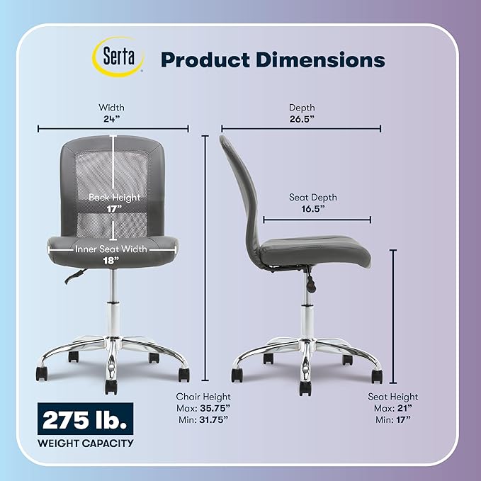 Serta Essential Armless TaskChair, Small Desk Chairs with Wheels, Breathable Mesh Back and Faux Leather, Quality Foam Cushion Seat for Comfort, Minimal Design for Vanity Table, Gray