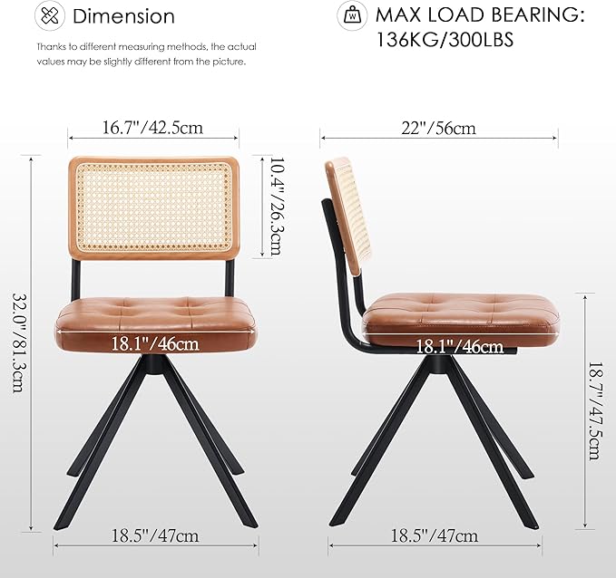 Zesthouse Rattan Desk Chair No Wheels, Mid Century Modern Home Office Chair with Cane Mesh & Wooden Back, Vintage Faux Leather Swivel Accent Chair, Upholstered Armless Computer Task Chair,Brown