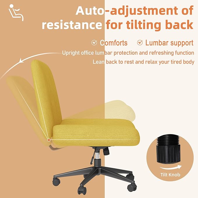 Shintenchi Criss Cross Chair,Cross Legged Office Seat with Wheels Armless Swivel Vanity Chair,Height Adjustable Wide Computer Task Seating for Home Office,Yellow ﻿