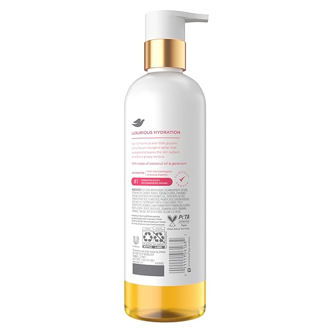 Dove Serum+ Shower Oil Body Wash with Coconut & Geranium Oil, Dewy Hydrating Cleanser for Soft Skin, 15.3 fl oz