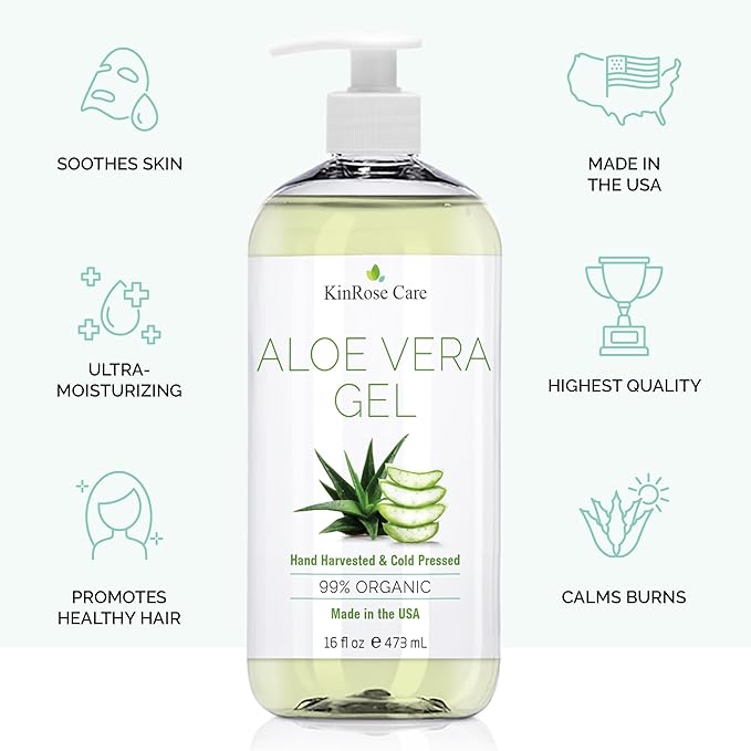 16oz Organic Aloe Vera Gel for Face, Skin, Hair & Sunburn Relief - From 100 Percent Pure Aloe Vera - Cold Pressed, Vegan, Unscented - Made in USA.