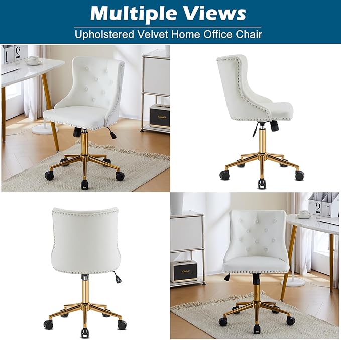 VINGLI White Velvet Armless Home Office Desk Chair with Gold Base/Wheels, Small Cute Vanity/Makeup Chair with Back for Bedroom, Upholstered Adjustable Rolling Swivel Nail Chair for Women/Girls