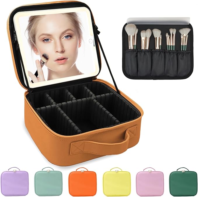 Makeup Bag with Led Mirror,Large Vanity Makeup Cases with 3 Color Setting,Portable Storage and Adjustable Dividers,for Women and Makeup Artists Cosmetic Organizer Travel Makeup Bag-Light Brown