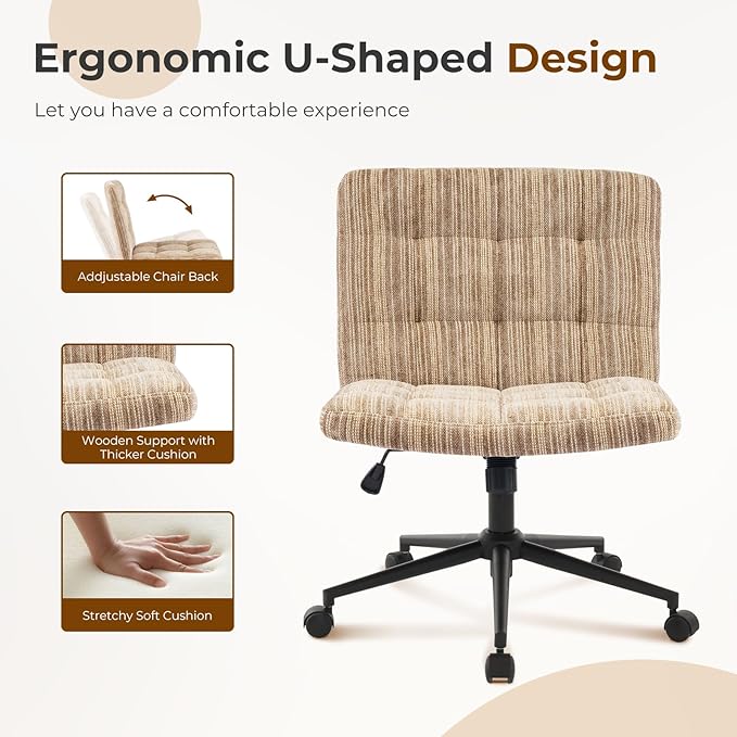 Furnimart 360° Swivel Criss Cross Desk Chair Extra-Thick Cushion, Premium Chenille Cross Legged Chair with Wide Seat & Wheels, Comfy Armless Home Office Chair for Bedroom, Vanity, Sturdy (Light Brown)