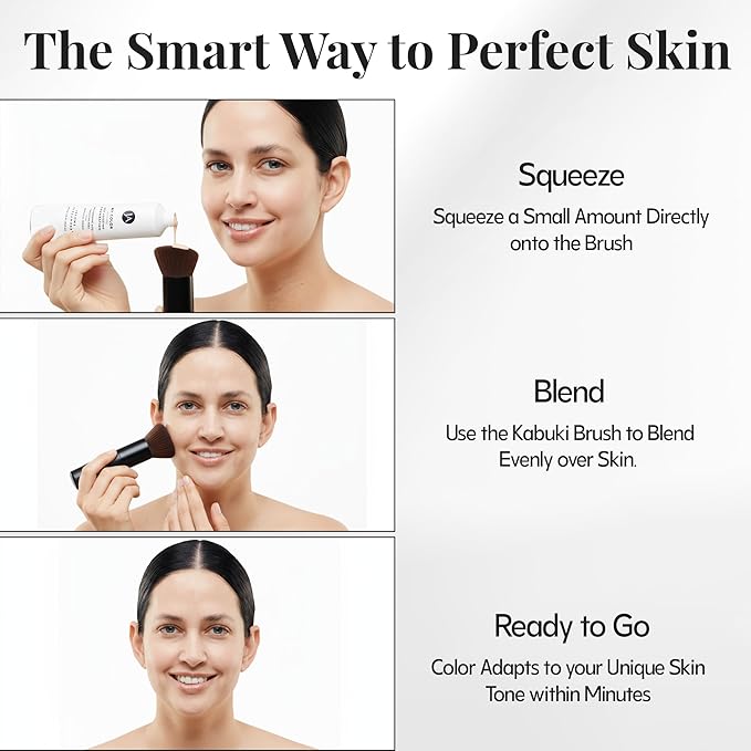 Jerome Alexander My Color Self-Adjusting Foundation, Hydrating & Lightweight Face Makeup, Skincare-Infused, with Kabuki Brush, Dark, 1 oz