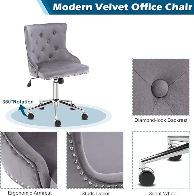 VINGLI Grey Velvet Armless Home Office Desk Chair with Silver Chrome Base/Wheels, Small Cute Vanity/Makeup Chair with Back for Bedroom, Upholstered Adjustable Rolling Swivel Nail Chair for Women/Girls