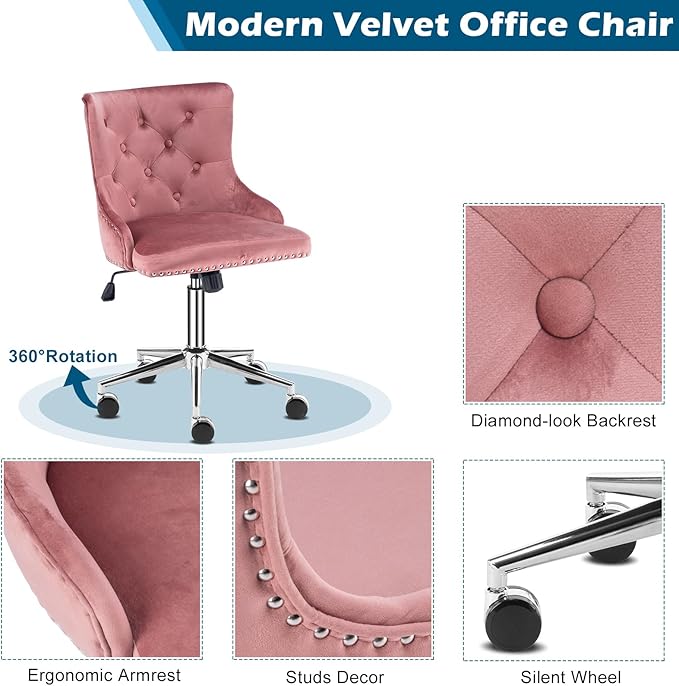 VINGLI Velvet Office Chair - Modern Upholstered Desk Chair with Adjustable Height, Tilting Mechanism, and Rolling Wheels - Pink