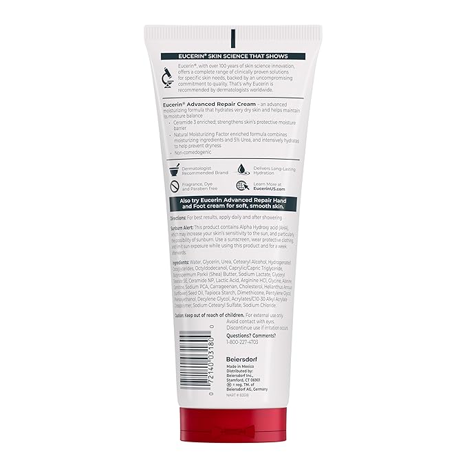 Eucerin Advanced Repair Body Cream for Very Dry Skin, Fragrance Free Daily Body Moisturizer, 8 Oz Tube