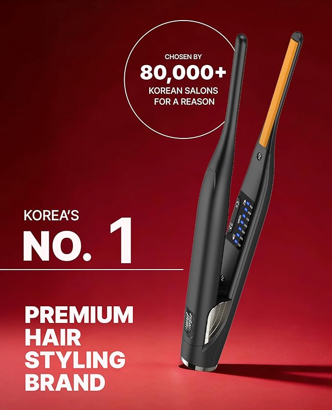 GLAMPALM Stiletto Hair Straightener 0.3" Pencil Ceramic flat iron Infused with Vita C, Korea's No.1 Professional Salon Tool for Short Hair, Dual Voltage, 7 Heat Setting(150°–450°), 10s Heat-Up (GP141)