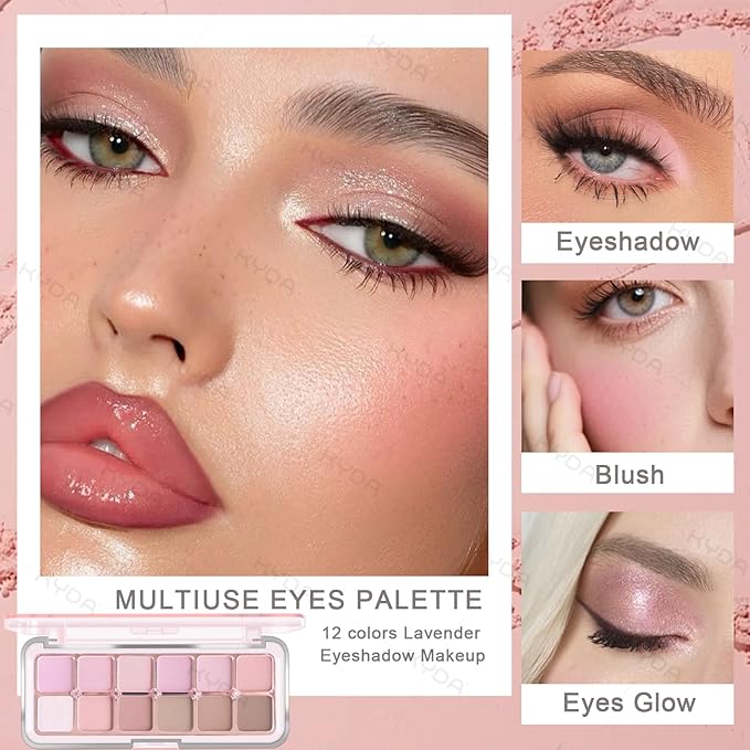 KYDA 12 Colors Lavender Eyeshadow Palette with Brush, High Pigment Matte Shimmer Pink Purple Brown Eye Shadow, All-In-One Eyes Palette for Women, Soft Blendable Powder Eyeshadow, Korean Eyes Makeup