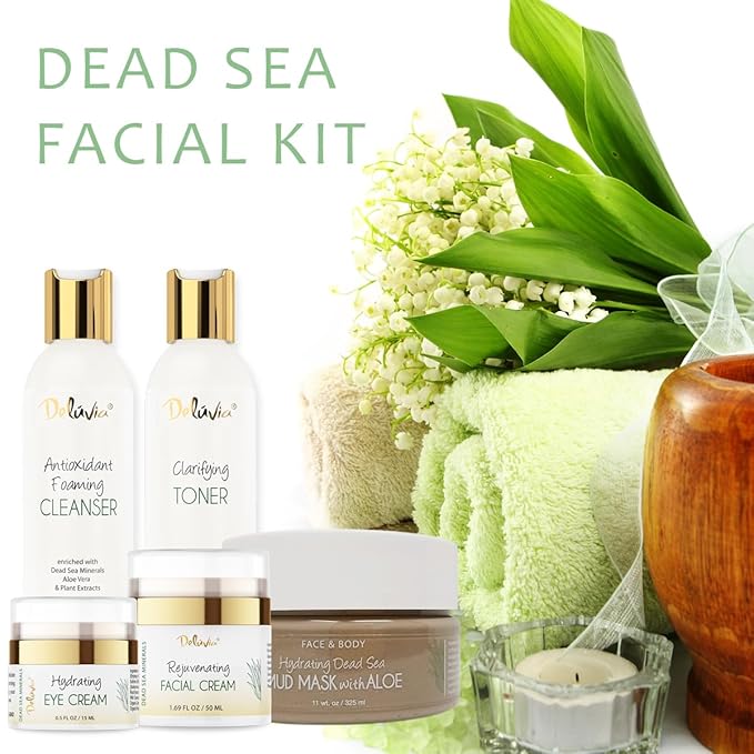 Deluvia Premium Facial Kit, Skin Care Products Set, Gentle Foaming Cleanser Face Wash, Clarifying Facial Toner, Face Moisturizer, Hydrating Under Eye Cream, Dead Sea Mud Mask
