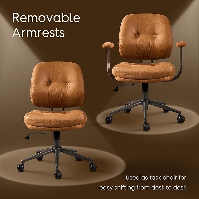HOOOWOOO Ergonomic Office Chair,Mid Century Modern Computer Desk Chair,Comfy Executive Chair with Extra Wide Tufted Cloudy Seat Lumbar Support Rocking Back,Suede Leather Light Brown