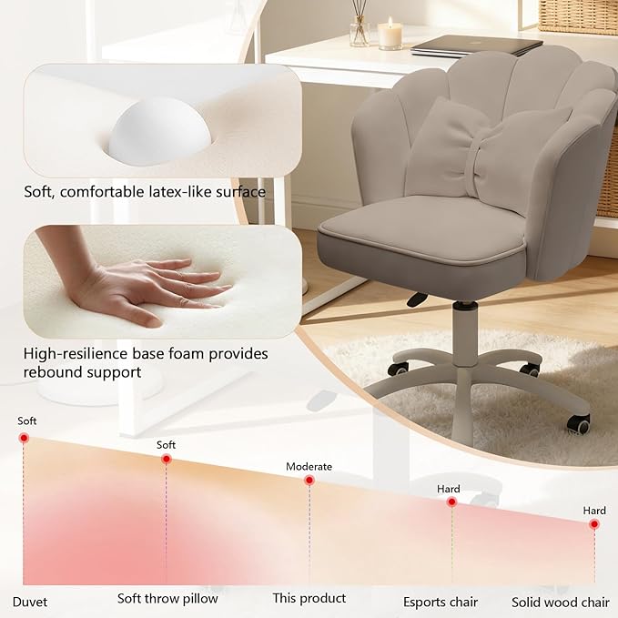 Home Office Desk Chair Swivel Rolling Vanity Chair with Silent Wheels and Comfortable Back, Adjustable Height Upholstered Computer Task Chair for Makeup, Bedroom