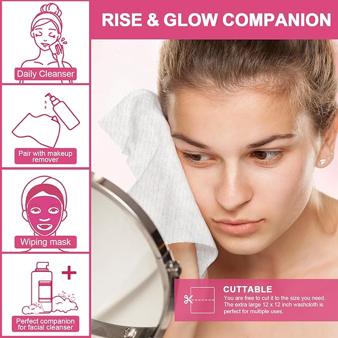 FACEMADE 60 Count XXL Disposable Face Towels 12" × 12", 100% Biobased Face Towels Disposable, Clean Facial Towels for Makeup and Clean Skin, Super Soft and Thick Dry Wipes Club