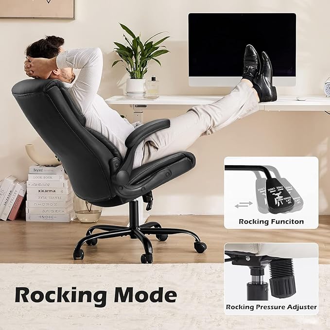 DUMOS PU Leather Office Chair - Ergonomic Executive Computer Desk Chairs with Adjustable Flip-up Armrest, Swivel Task Chair with Lumbar Support, Strong Metal Base,Inky