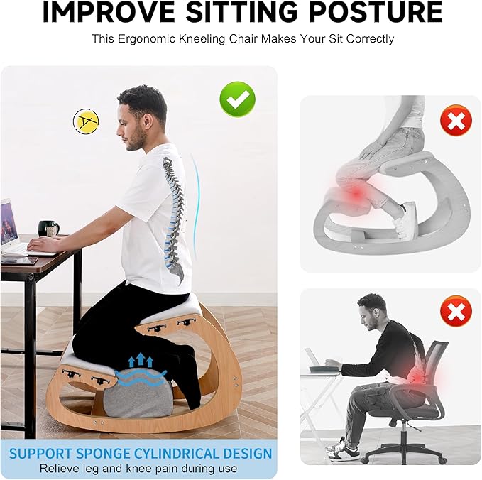 Adjustable Kneeling Chair, Wooden Ergonomic Chair Knee Chair Posture Chair - Improve Your Posture with an Angled Seat for Home,Office (Wood Color+ Pads)