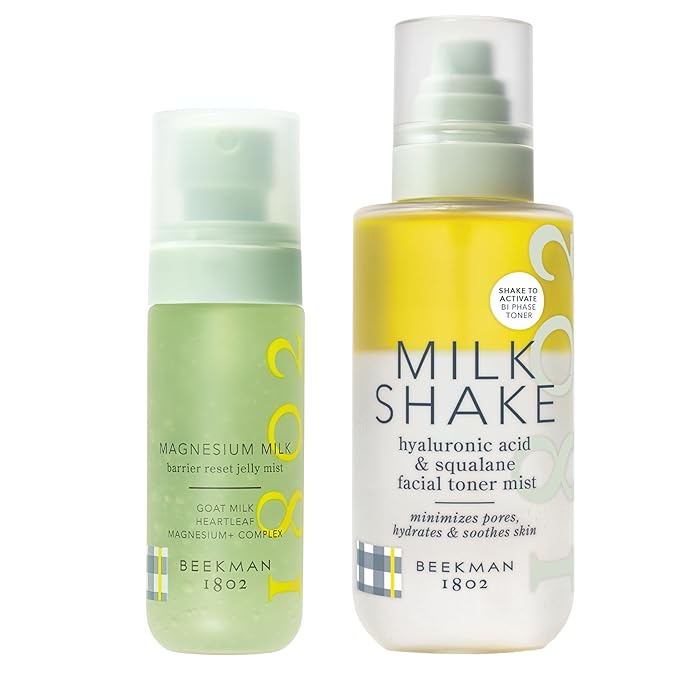 Beekman 1802 Reset & Tone Bundle - Magnesium Milk Barrier Reset Jelly Mist (2oz) and Milk Shake Face Mist Hyaluronic Acid Toner (8.1oz)
