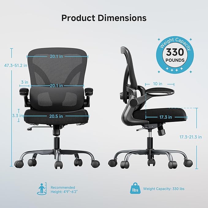 Mesh Office Chair, 330LBS Ergonomic Comfy Desk Chair with Adjustable Lumbar Support, Executive Computer Chairs for Home Office, Black