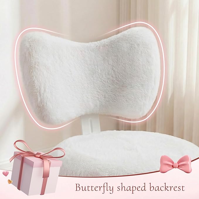 Vanity Chair with Back, Swivel Chair with Wheels & Adjustable Height, Fluffy Faux Rabbit Fur Comfy Desk Chair for Vanity, Make-up Room, Bedroom, Dorm, Cute Bow Backrest, White