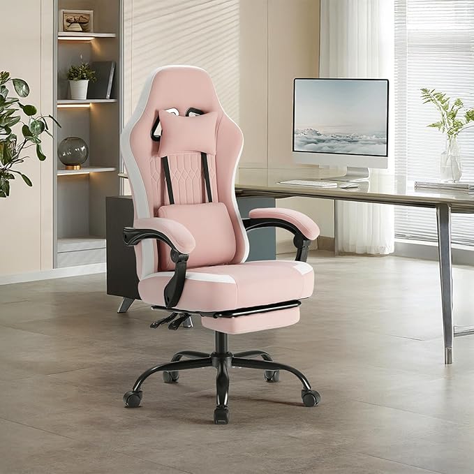 NEWBULIG Gaming Desk Chair - High Back Computer Office Chair with Footrest and Headrest, Comfy Ergonomic Lumbar Support with Linkage Armrests, Height Adjustable and 360° Swivel Wheels, Pink