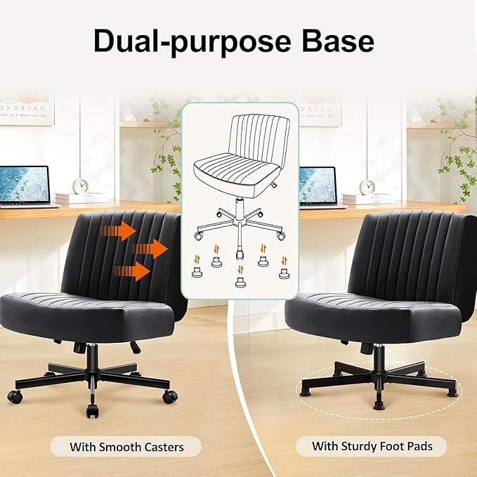Criss Cross Chair with Wheels,Thick Padded Leather Cross Legged Office Desk Chair with Pocket Spring Cushion,Dual-Purpose Base,Wide Adjustable Computer Home Office Vanity Chair,Black