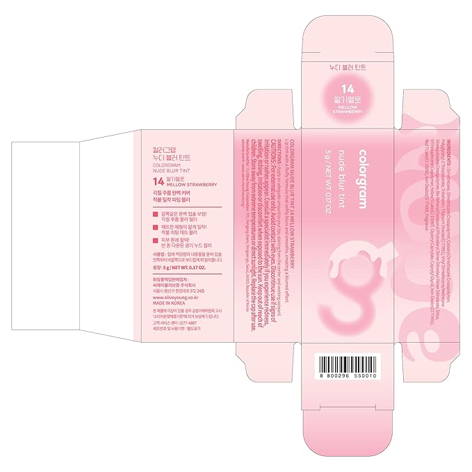 COLORGRAM NUDE BLUR TINT 14 MELLOW STRAWBERRY | K-Beauty Makeup, Soft-Focus Matte Lip Stain, 2-in-1 Lip & Cheek | Lightweight Blurring Tint for a Smooth & Airbrushed Finish, Non-Sticky Formula