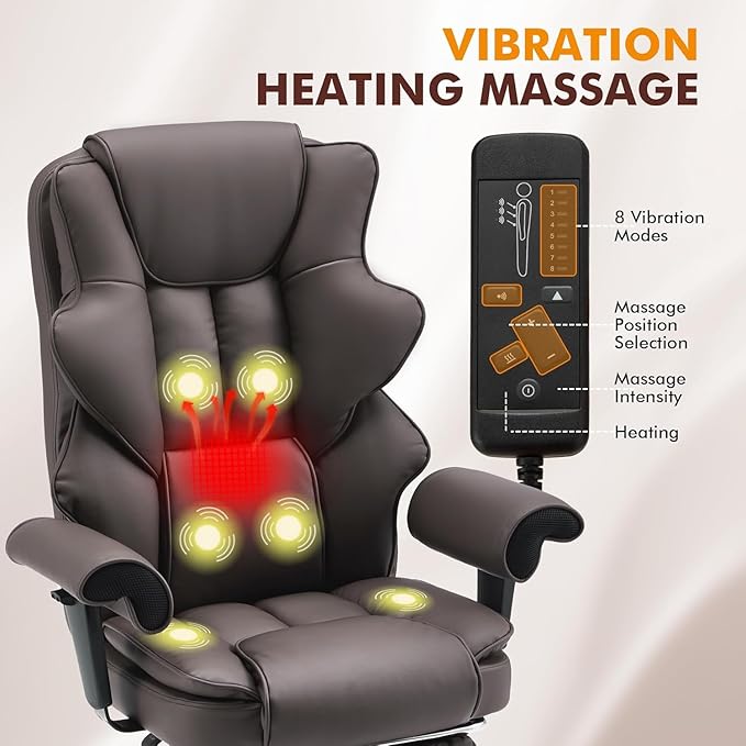 HOMREST 6-Point Massage Executive Chair, Ergonomic Heated Office Chair with Adjustable Backrest & Armrests, Home Office Desk Chair, Leather Computer Chair with Retractable Footrest(Brown)