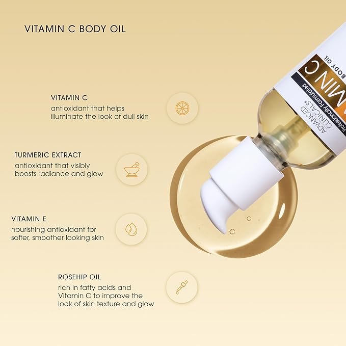 Advanced Clinicals Vitamin C Brightening Body Oil For Women & Men | Vitamin C Oil Skin Care Body Moisturizer With Vitamin E + Botanicals To Help Improve Appearance Of Dark Spots + Dry Skin, 2PC