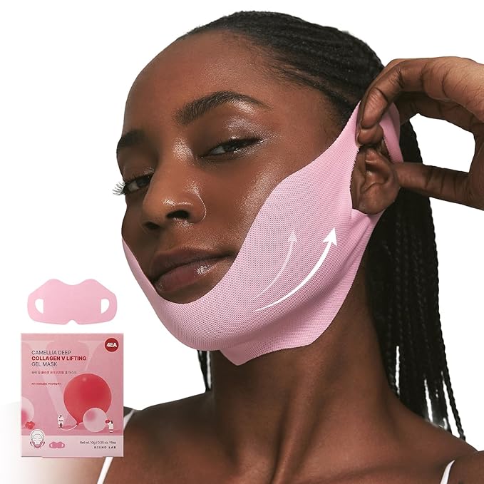 ROUND LAB Camellia Deep Collagen V Lifting Gel Mask 4ea | Double-chin Turkey Neck Instant Face Lifting Mask, Cooling and Depuffing Face Toning Belt, Firming Sagging Skin, Korean Skin Care, 10g/0.35oz