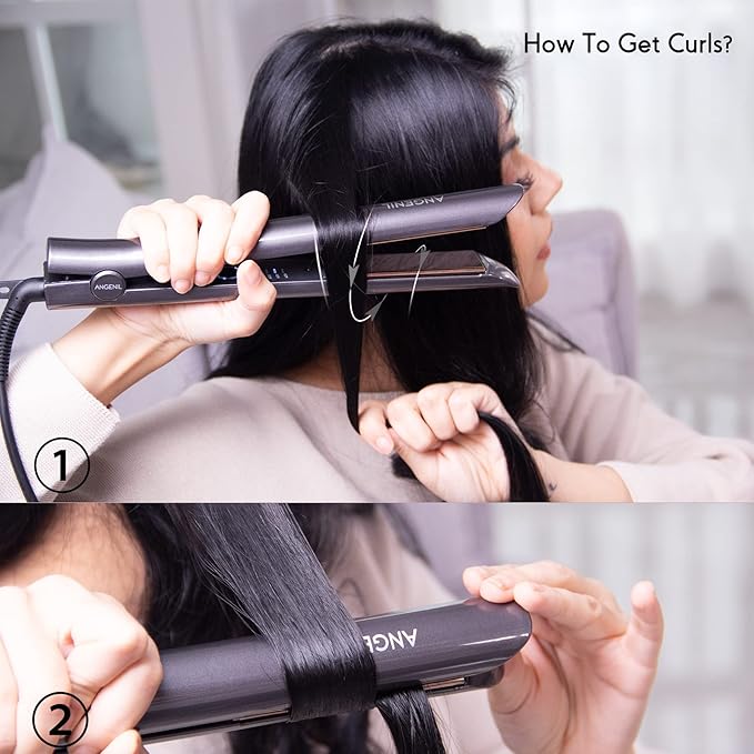 ANGENIL Titanium Flat Iron Hair Straightener and Curler 2-in-1, Professional Flat Iron Curling Iron in One, Dual Voltage Hair Straightening for Women Styling Tools, 30S Fast Heating, (290°F-450°F)