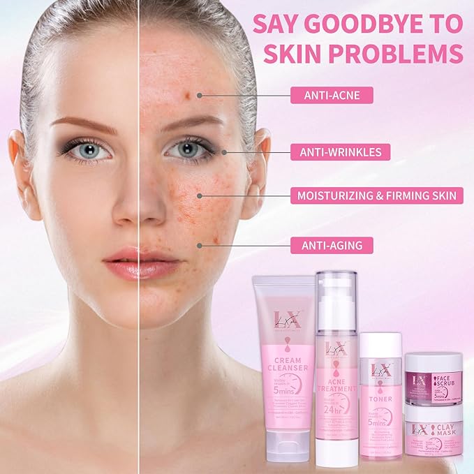 Daily Acne Essentials Kit - 5 Step Facial Skincare Set with Cleanser, Face Scrub, Clay Mask,Toner & Acne Serum, Complete Acne Skin Care Kit, Wash Away Impurities To Reveal Glowing Skin