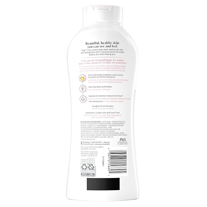 Olay Body Wash for Women,Ultra Moisture,For Sensitive Skin,Soothing Formula,24hr Moisturizing,Hydrating&Refreshing,B3 Vitamin Complex,Free of Parabens&Phthalates,Oat Extract Scent,22 fl oz,(Pack of 2)