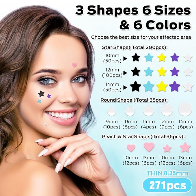 Pimple Patches for Face, Cute Pimple Patches Stars, Colorful Hydrocolloid Acne 271Patches 6 Sizes with Salicylic Acid, Tea Tree & Centella Oil (Round,Star,Peach Shapes)