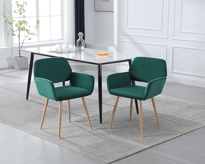 KCC Small Modern Dining Room Arm Chairs Set of 2, Mid-Century Upholstered Velvet Side Seat Club Guest with Metal Tube Legs for Kitchen, Living Room, Green