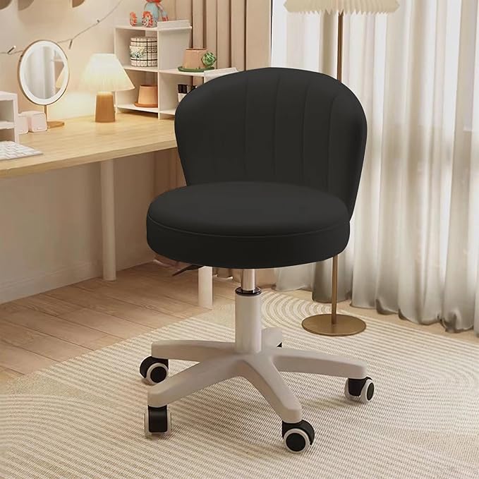 Small Desk Chair Round Rolling Chair with Back PU Leather Height Adjustable Swivel Vanity Work Computer Stool Chair for Home Office Bedroom, Set of 4