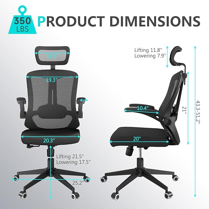Office Chair Desk Chair, Ergonomic Mesh Computer Chair with 90-130° Recline & 360° Smooth-Rolling Casters, Adjustable Lumbar Support Task Chair, Comfortable for Women, Teens(A-All Black)
