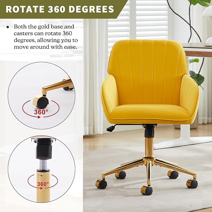 Velvet Home Office Desk Chair, Modern Cute Computer Task Chair with Back, Height Adjustable Upholstered Vanity Chair with Swivel Wheels for Women, Girls (Gold Base, Lemon Yellow