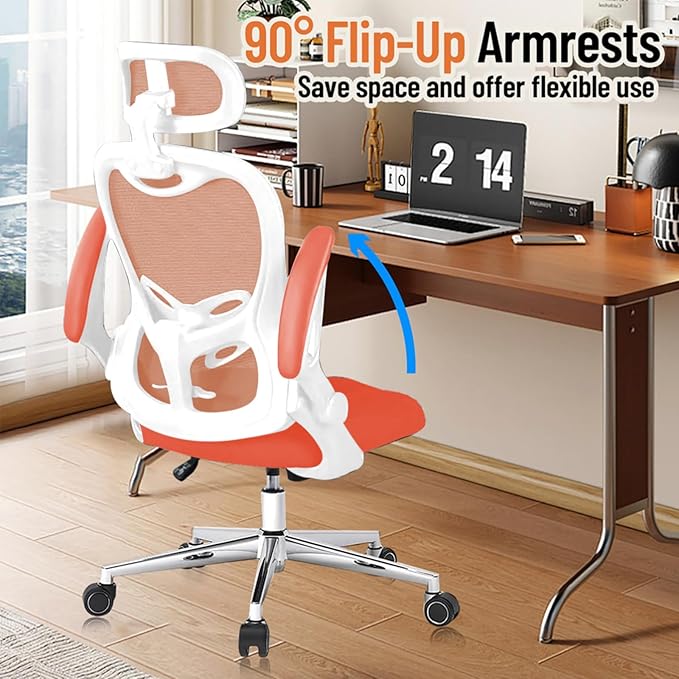 Office Chair, Ergonomic Breathable Mesh Chair,Flip-Up Arms and Adjustable High Back Lumbar Support,Comfy Computer Chair for Home Office (Orange, 407)