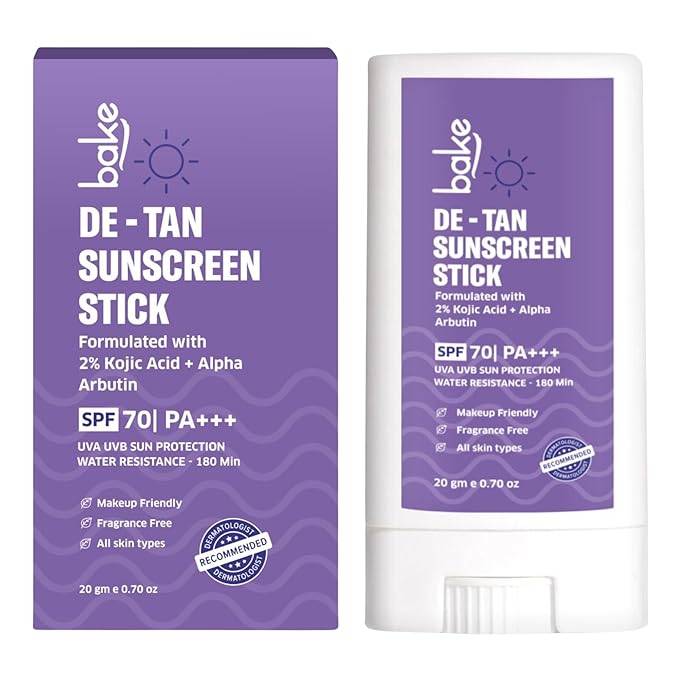 BAKE De-Tan Water Resistant Sunscreen Stick SPF 70 PA++++ with 2% Kojic Acid & Alpha Arbutin | Lightweight, No White Cast | For All Skin Types | For Pigmentation & Dark Spots - 20g