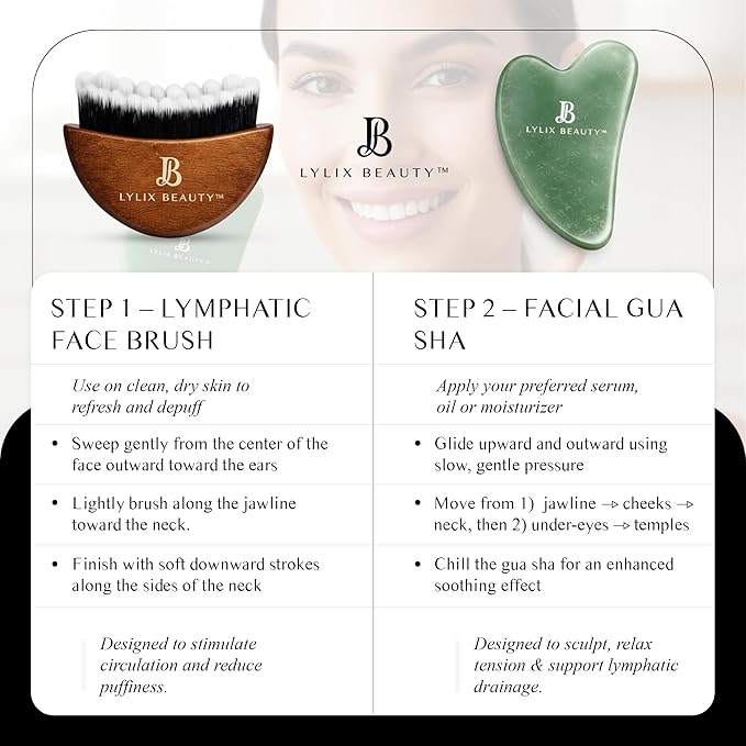 Lymphatic Contour Face Brush & Jade Gua Sha | Lymphatic Drainage Brush for Face & Neck | Dry Brush for Face, Sculpting & Depuffing - Face Lymphatic Drainage Tool for Skin Care