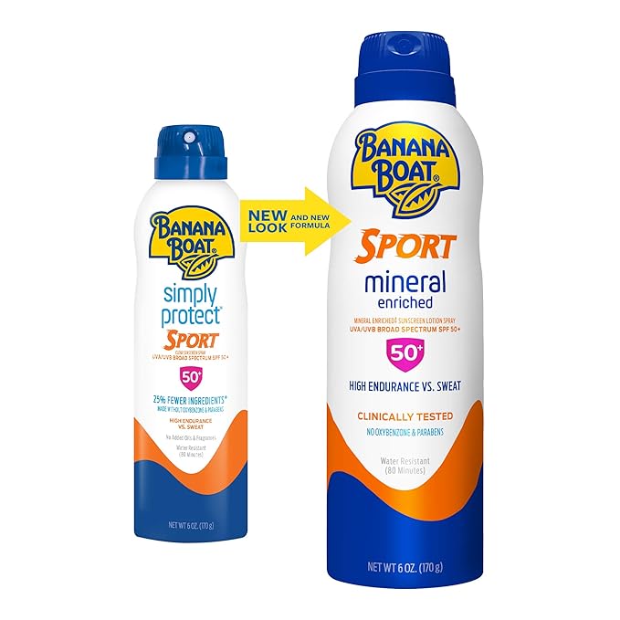 Banana Boat Sport Mineral Enriched Sunscreen Spray SPF 50, 6oz | Banana Boat Mineral Sunscreen SPF 50, Oxybenzone-Free, Sport Sunblock Spray, 6oz