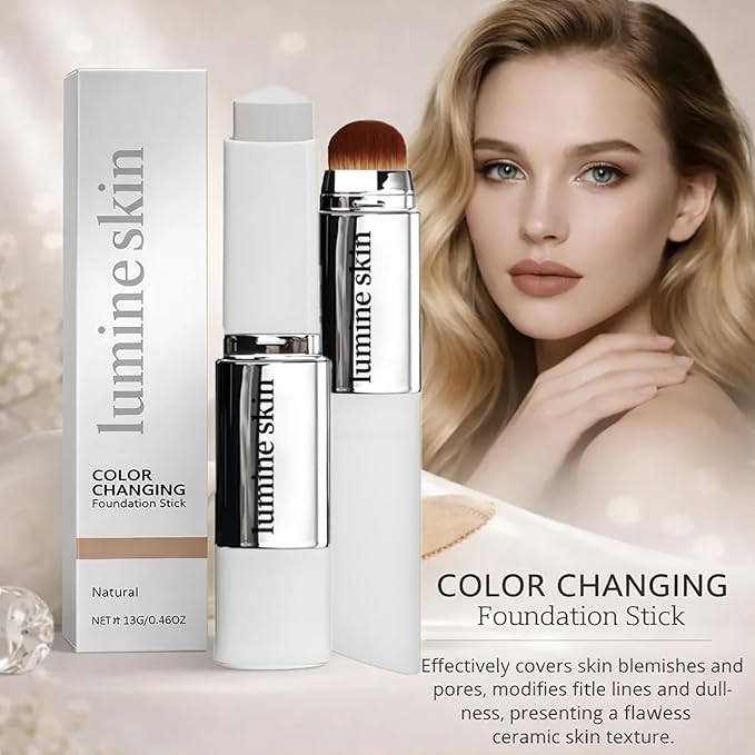 Color Changing Foundation Stick, Dual-Ended Korean Skin Care Foundation Stick, Detachable Brush, Full to Medium Coverage Base Hydrating Makeup Portable & Travel-Friendly (Natural)